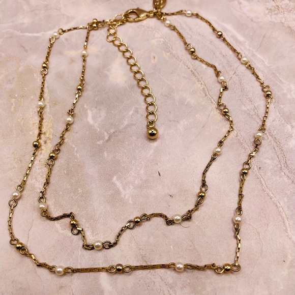 LOFT Gold and Pearl Bead Station Layered Necklace. 14 inches w/a 3 inch extender - Picture 4 of 5